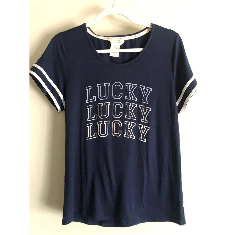 Lucky Brand Navy Blue Short Sleeve Tee with White 'Lucky' Graphic